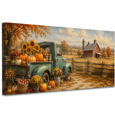 Fall Canvas Wall Art Rustic Farmhouse Painting Pictures - Autumn Harvest Artwork of Vintage Blue Truck, Pumpkins, Sunflowers and Red Barn Wall Decor for Home Living Room Bedroom, (30"x60")
