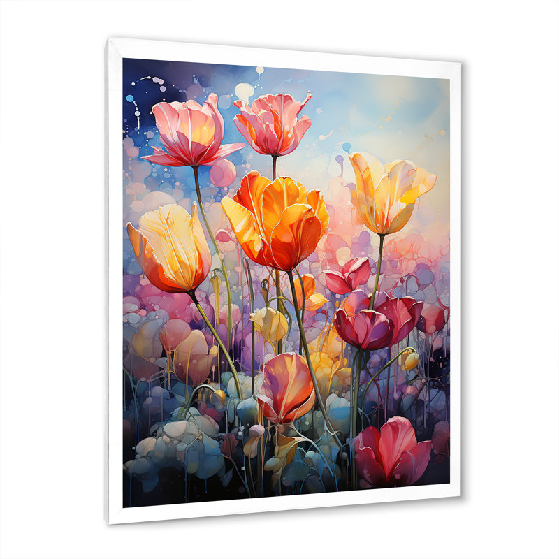 «Tulipes célestes multicolores la nuit I» sur toile, H 40 po x l 30 po x P 1,5 po, Cadre simple blanc