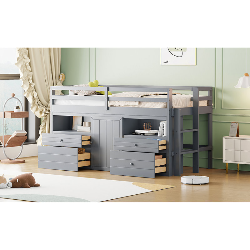 Lit mezzanine simple gris à 4 configurations, sous l'armoire, tablettes - Organisation maximale et compacte, avec armoire et solution de rangement