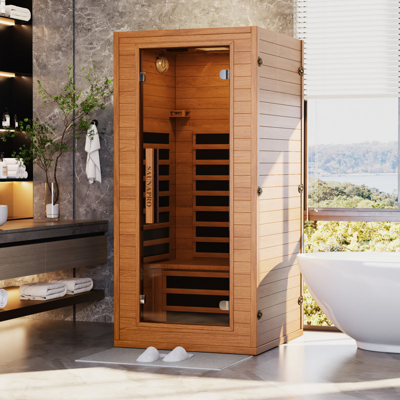 Sauna Pro 1-Person Indoor Low EMF Far Infrared Sauna in Okoume with Tempered Glass Door, BT Speakers, and Smart App Control, for Home Relaxation & Therapy
