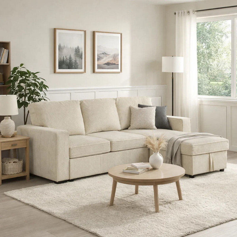 Canapé modulaire en L Seya Sleeper, méridienne de rangement, velours côtelé beige, 93 po, Velours côtelé beige