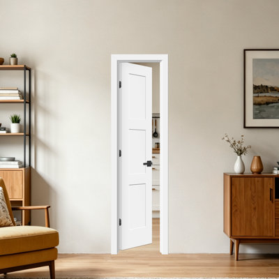 Prehung Interior Door, 3-panel Shaker Design, White Primed, Solid Core, With Jambs, Black Or Satin Nickel Hinges, And Pre-drilled Lock Holes