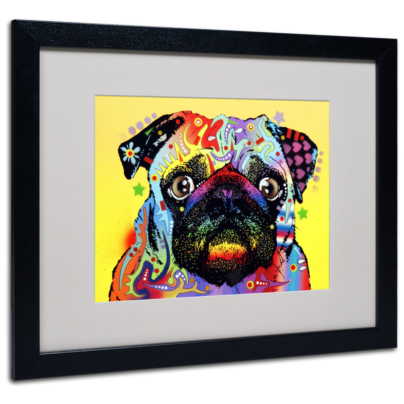 « Pug » par Dean Russo, impression d’art graphique, H 16 po x l 20 po x P 0,5 po, Cadre noir, Blanc