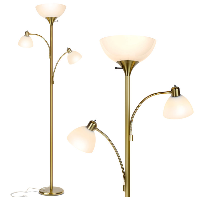 Sky Dome Double 72 in. Industrial 3-Way Dimming LED Floor Lamp with 3 Versatile Adjustable Bowl Shades, Brass