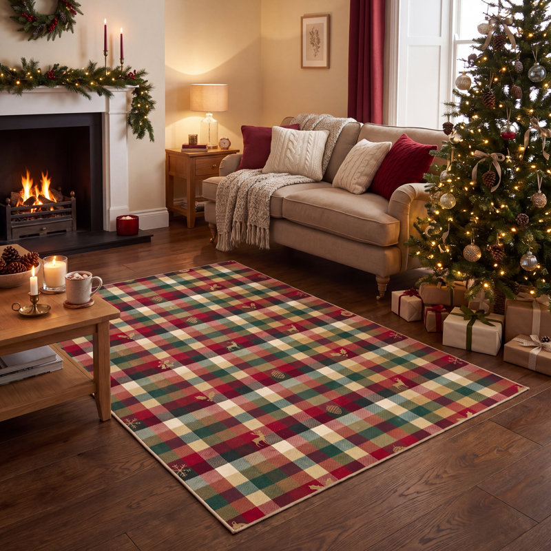 Tapis de cuisine lavable à carreaux modernes rouges, verts, dorés et crème, antidérapant, à poils courts, pour intérieur et extérieur, idéal pour le salon, la chambre à coucher, la salle à manger, l'entrée, le corridor et les animaux domestiques. Convient également pour Noël, les fêtes et les occasions spéciales.