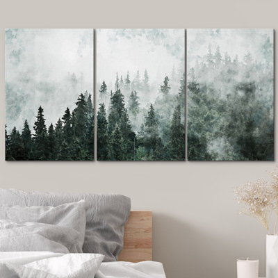 «Misty Forest Landscape», aquarelle, forêt verte, paysage de montagne, images de nature minimaliste moderne, impression numérique sur toile, impression numérique sur toile encadrée