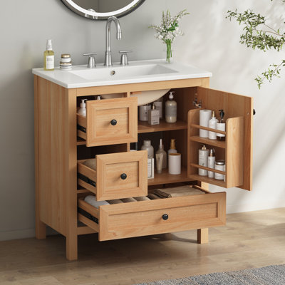 Meuble-lavabo 30 po avec lavabo en céramique, pieds en bois massif