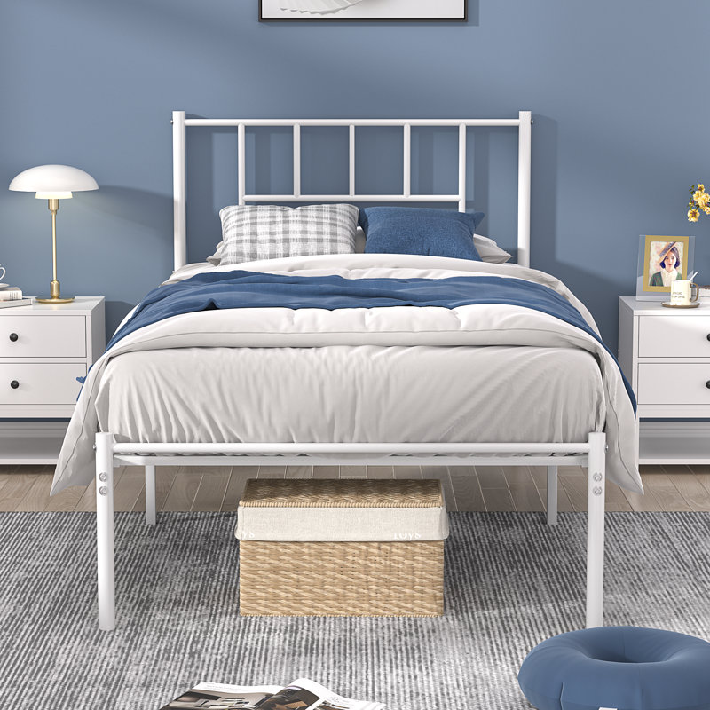 Twin Size Bed Frame, Metal Bed Frame with Headboard, Iron-Art Platform Bed No Box Spring Needed/Mattress, Twin, White