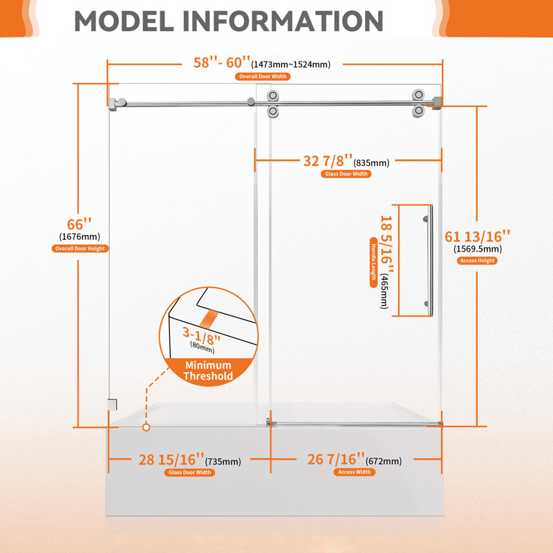 Porte de baignoire sans cadre l 60 po x H 66 po avec verre facile à nettoyer de 3/8 po (10 mm), rail réglable en acier inoxydable de 2 po
