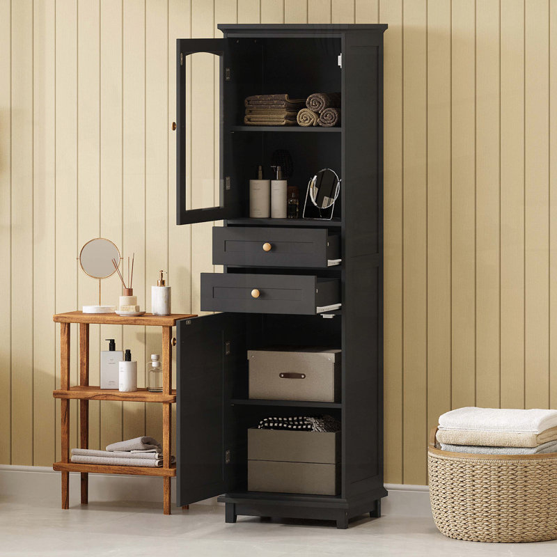 63-inch Tall Freestanding Bathroom Storage Cabinet with Glass Doors and Adjustable Shelves