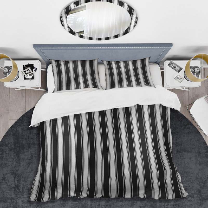 Ensemble de housse de couette moderne noir et blanc à fines rayures II, Housse de couette pour grand lit et 2 taies décor