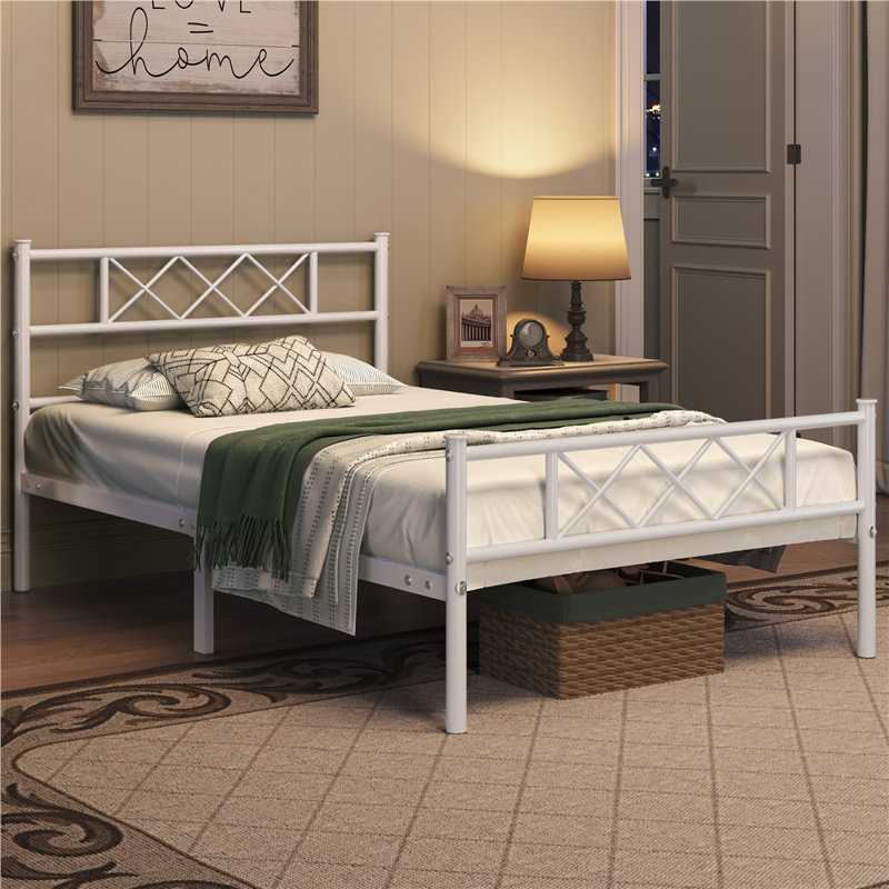 Modern Metal Bed Frame with Cross-design Headboard & Footboard, Single (3'), White