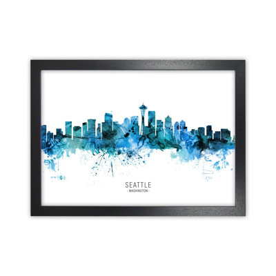 Seattle Washington Skyline Blue City Name by Michael Tompsett - Print