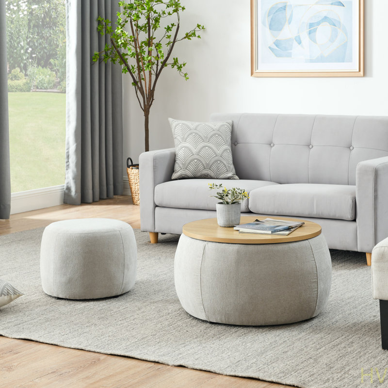 Repose-pieds rond avec rangement, fonction 2 en 1, comme table de bout et repose-pieds, avec petit siège (25 po x 25 po x 14,7 po)