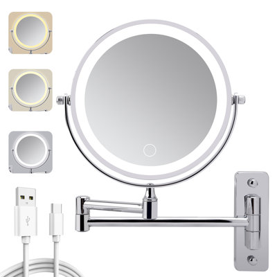 Wall Mounted Lighted Makeup Mirror,1000mAh Rechargeable Double Sided 1X/10X Magnifying Mirror with Light,3 Color Lights,Touch Dimmable,Extended Arm 360 Rotation Wall Mounted Makeup Mirror
