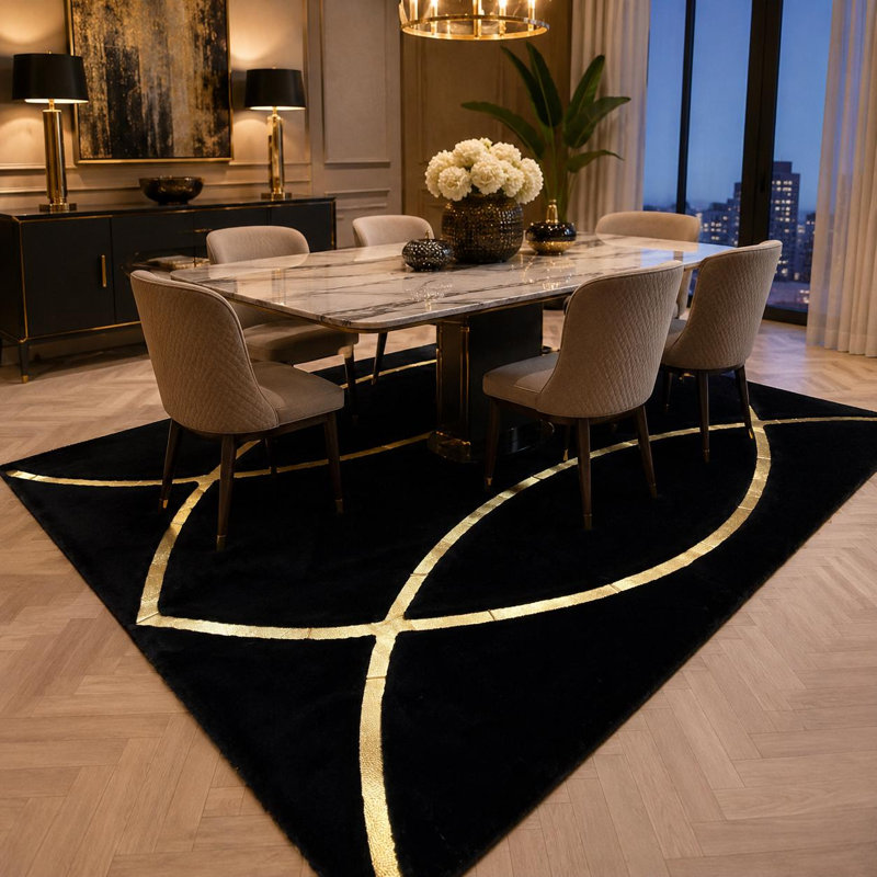 Tapis noir et noir à motif géométrique moelleux, tapis en fausse fourrure moderne, 9 x 12 ft