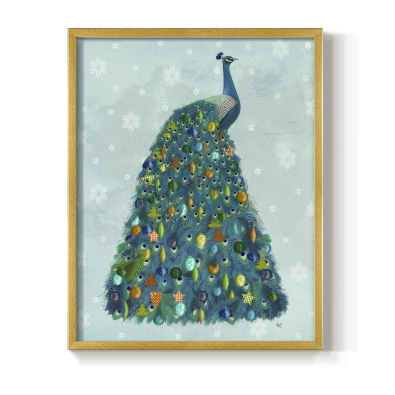 «Christmas Peacock Christmas Tree», reproduction encadrée - bois massif, H 15 po x l 12 po, Doré