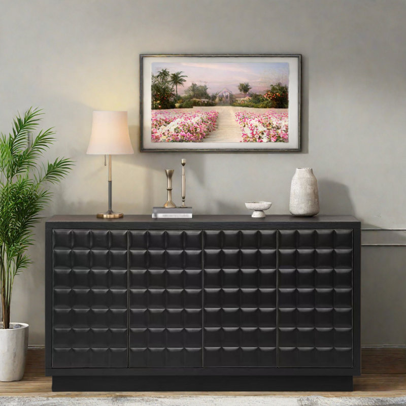 Buffet moderne avec portes géométriques 3D, garniture en métal et cloisons réglables