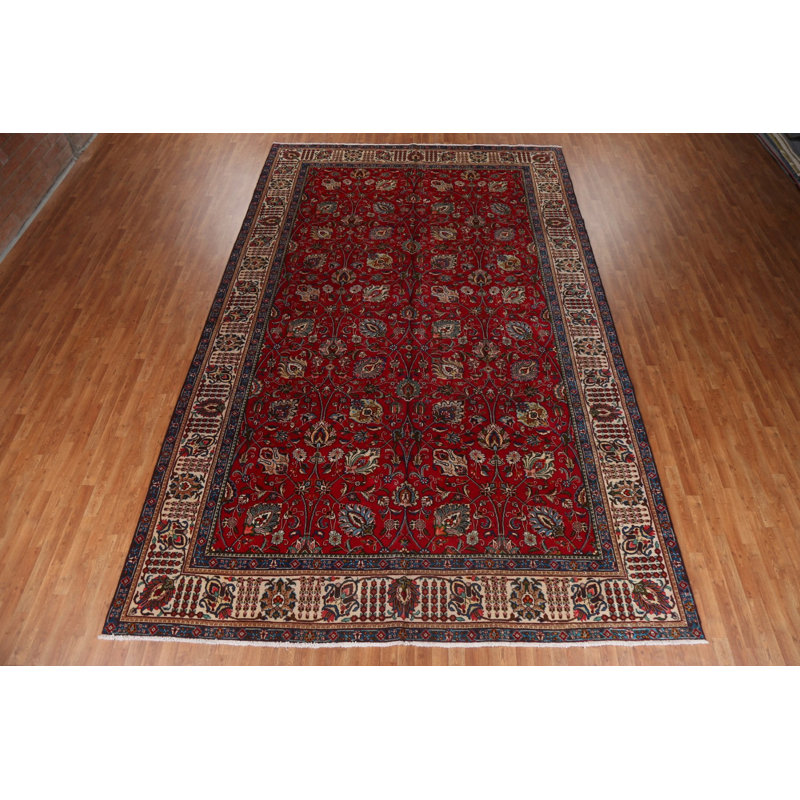 Tapis rouge unique en laine noué à la main de style années 1980 de 9 pi 11 po x 15 pi 8 po Lenie