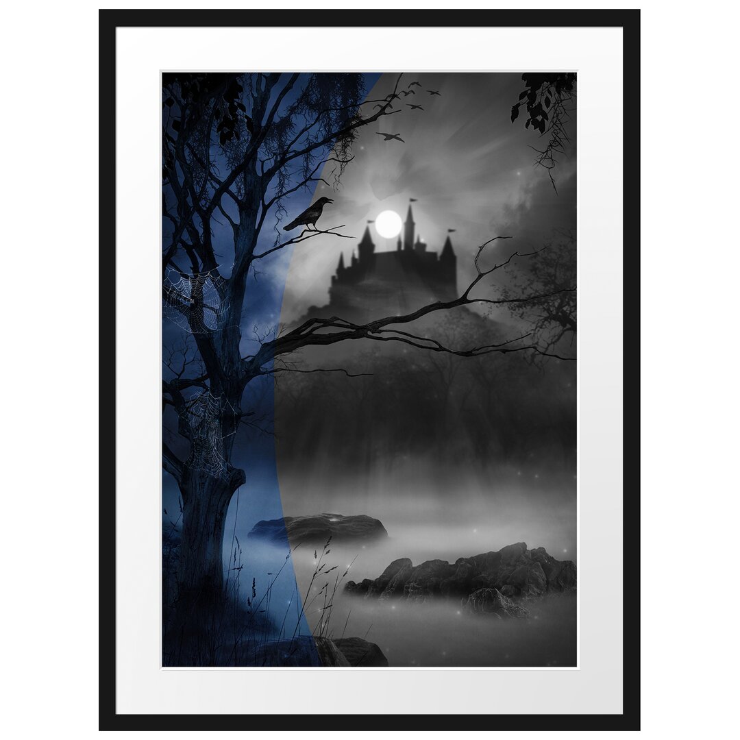 Gerahmtes Poster Wald mit Burg bei Nacht