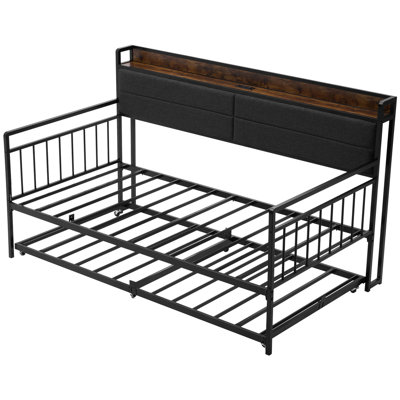 Twin Size Daybed With Trundle And Ac Power Charging Setup, Dual - Purpose Bed For Relaxation Guest Sleep, Heavy Duty Metal Frame Stability, Soft Headboard Storage Shelf Facility 2 Outlets Charging,