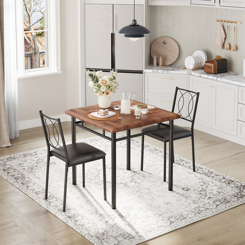 Farmhouse 3-Piece Dining Table Set for 2, Wood Kitchen Table with Upholstered PU Chairs, Space-Saving Apartment Furniture