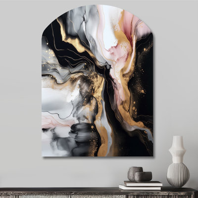 «Black Gold Marble Splash I», art mural abstrait en marbre en métal, sculpture murale asymétrique en métal
