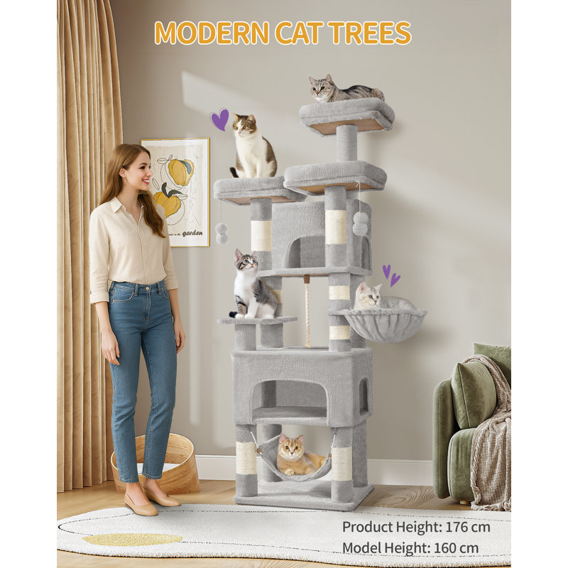 Cat Tree for Indoor Cats, 174cm Cat Tower for Large Cats, 2 Platforms, 2 Caves, 4 Sisal Posts, Scratching Board, Cat Basket, Sisal Rope, Heavy-Duty for multiple cats