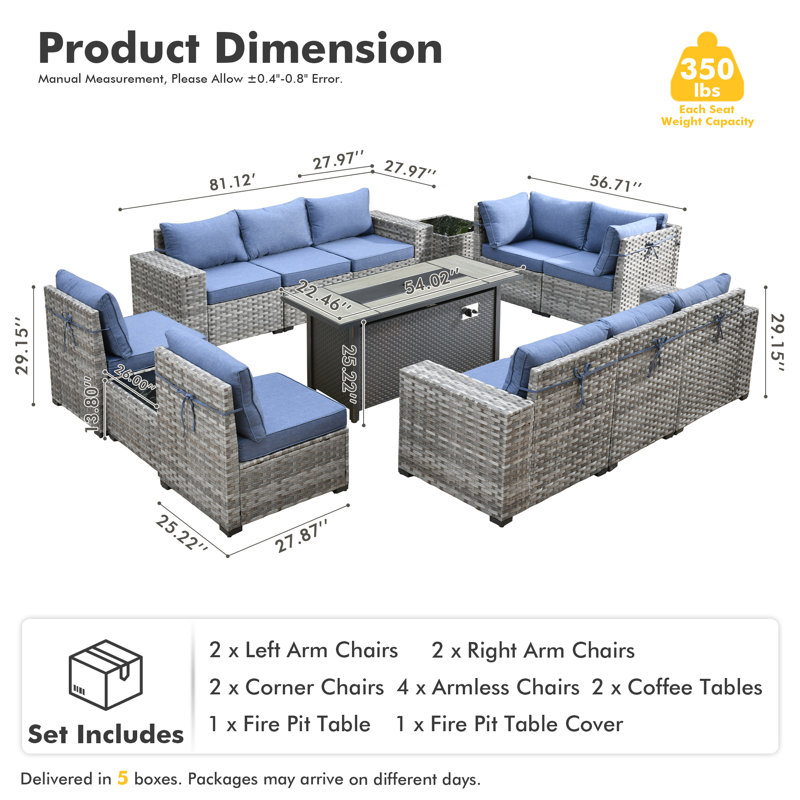 Bobia 13-piece Modular Outdoor Wicker Sectional Sofa Set With Propane Fire Pit Table, Wide Armrests, Rattan Patio Conversation Set With Coffee Table And Cushions