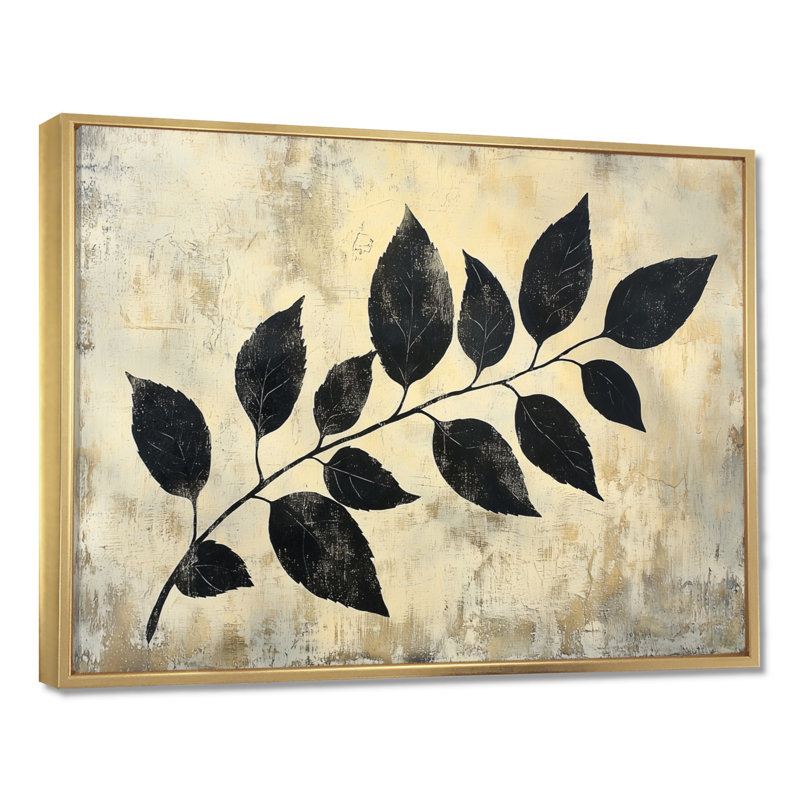 Ihna Black Leaves Shadow Silhouette V - Art mural feuilles, H 34 po x l 44 po, Impression encadrée flottante, Or