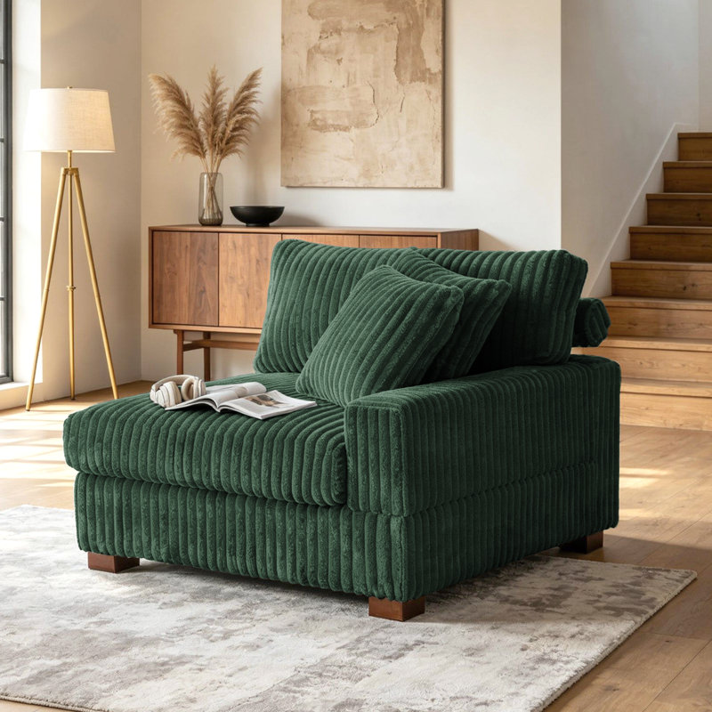 Upholstered Green Faux Rabbit Fur Flannel Armchair with Pillow Back, One Arm Single Chair Module Part For Sectional Sofa