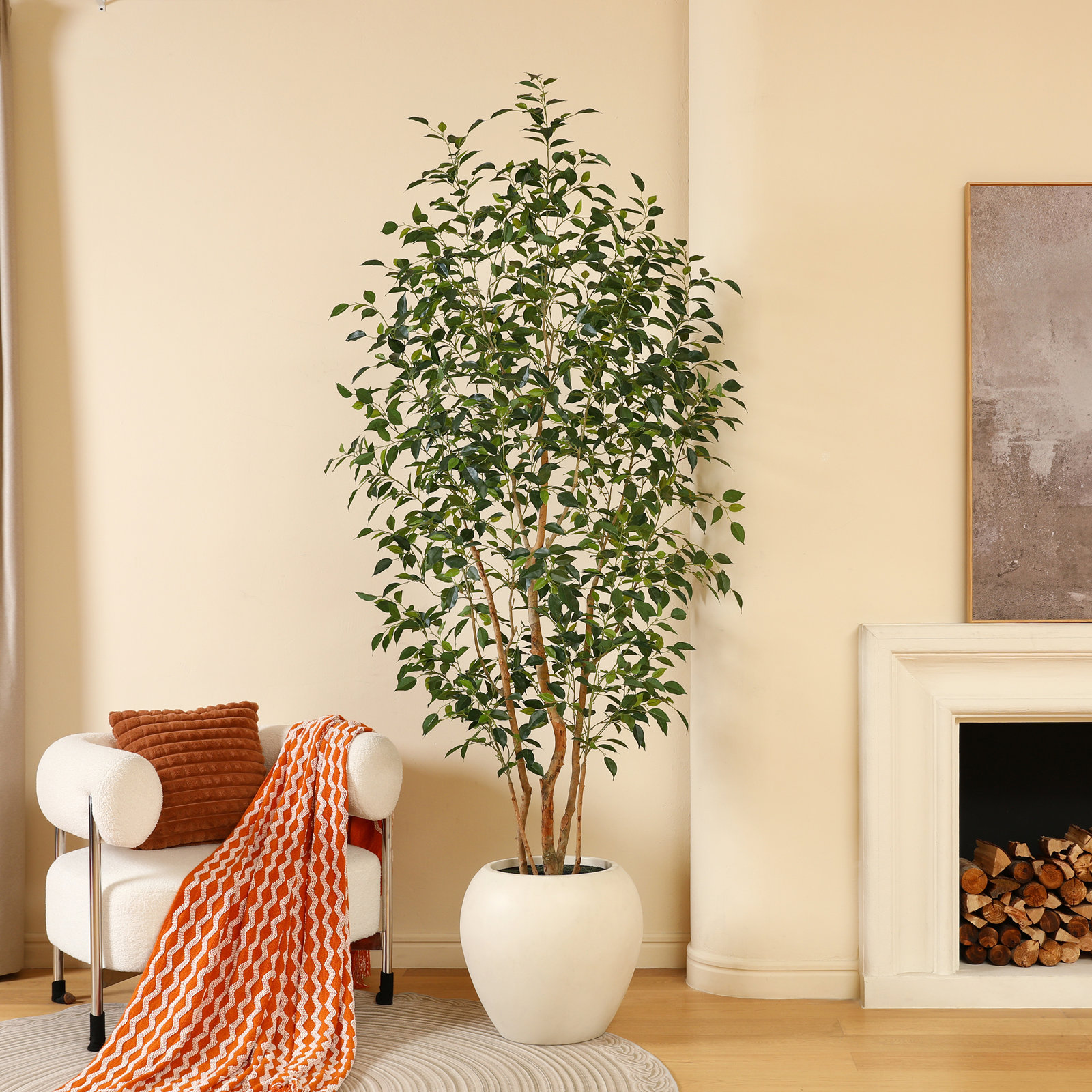 Adcock 8ft Artificial Ficus Tree with White Tall Planter, Faux Ficus Tree with Natural Trunk