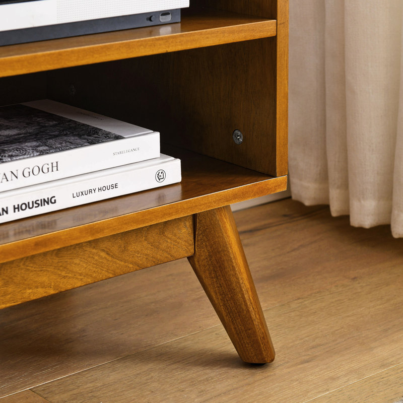 59 Inch Mid Century Modern Rattan Tv Stand For 65 Inch Tv, Entertainment Cabinet, Media Console For Living Room Media Room, Solid Wood Feet & Rattan Cabinet Doors