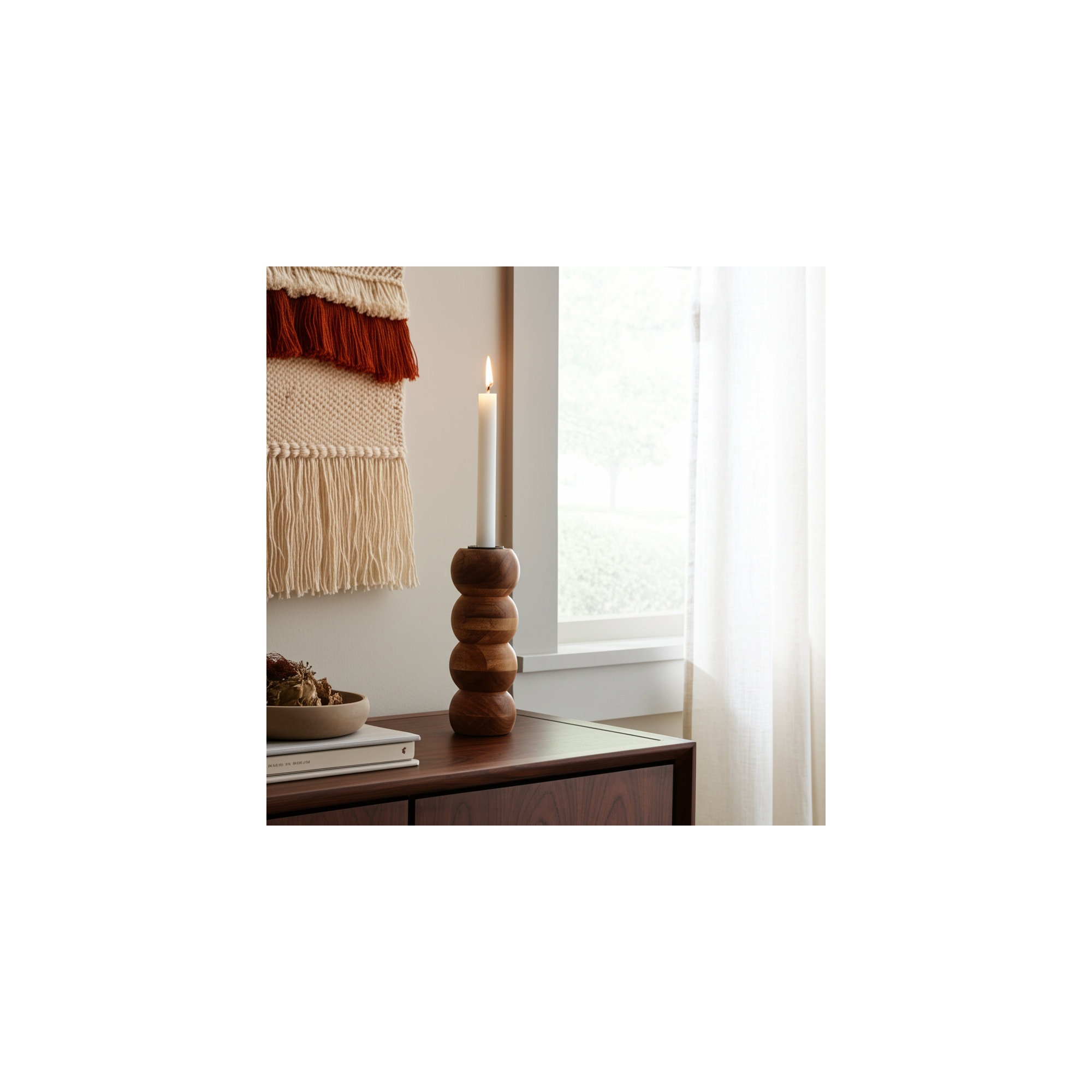  Wood Ribbed Candlestick Holder, Ribbed Brown, 7" H x 3" W x 3" D