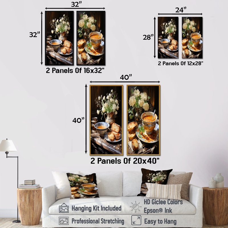 French Soup Savory Elegance - Ensemble de 2 impressions sur toile, H 32 po x l 33 po, Encadrement doré