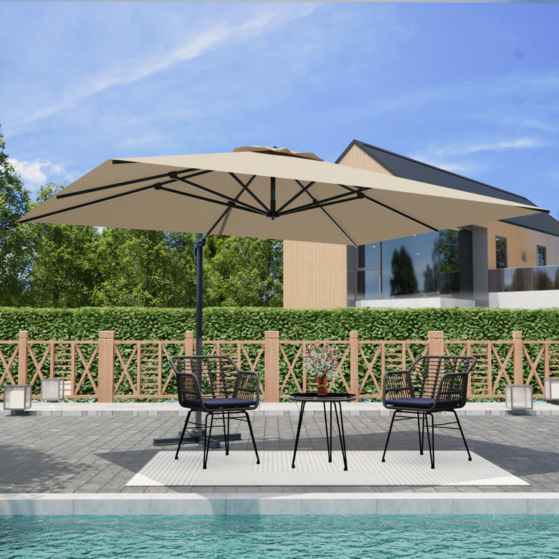Parasol de patio en aluminium de 13 pi x l 9,7 pi avec table ronde, 2 chaises en osier de polyéthylène et coussin bleu foncé