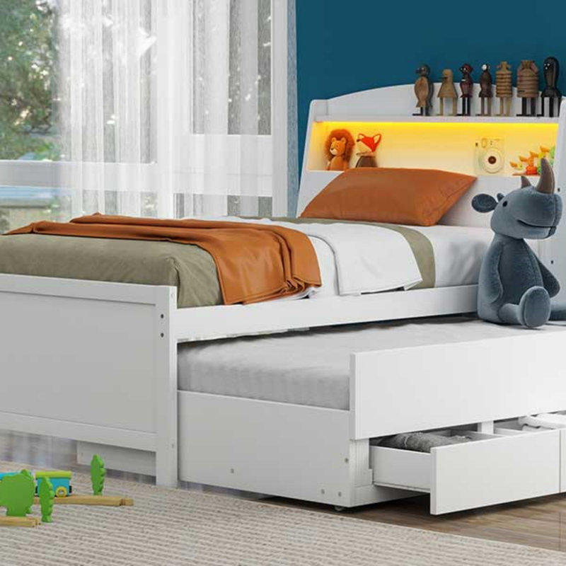 Lit plateforme simple avec tête de lit à DEL avec rangement, lit gigogne simple et 3 tiroirs, Simple