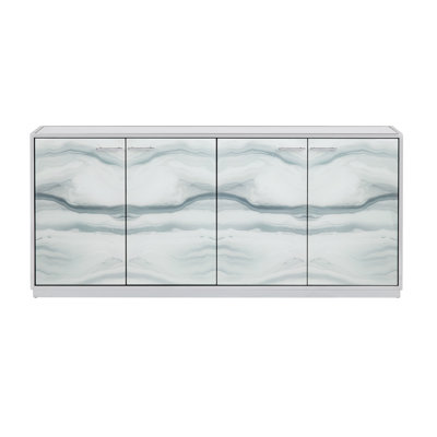 72" White And Gray Marble Inspired Reverse Painted Glass 4-Door Media Credenza_Sideboard