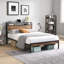 Très grande base de lit plateforme en métal avec tête de lit et pied de lit en bois avec doublure USB, pas de sommier tapissier, grand rangement sous le lit, assemblage facile