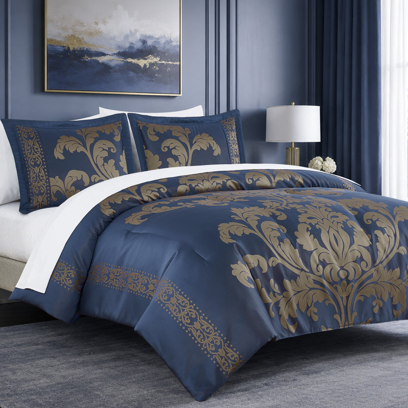 Valor 7-Piece Bed in a Bag Jacquard Floral Comforter Set with Sheets, King Comforter + 6 Additional Pieces, Navy/Gold
