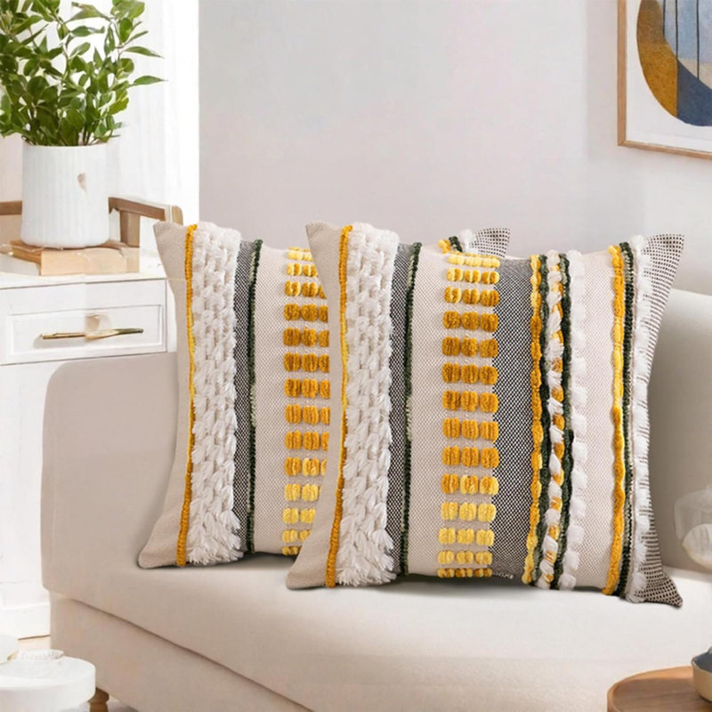 Ensemble de 2 housses de coussin Boho, Cream/Yellow/White