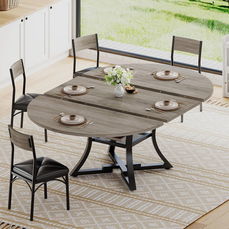 Round Extendable Dining Table Set For 4-6 People, Black/Gray