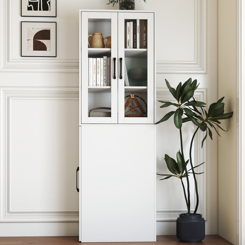 70.87'' H Narrow Display Storage Cabinet With 4 Tier Pull-Out Shelves & Glass Doors, Modern Wooden Pantry For Living Room