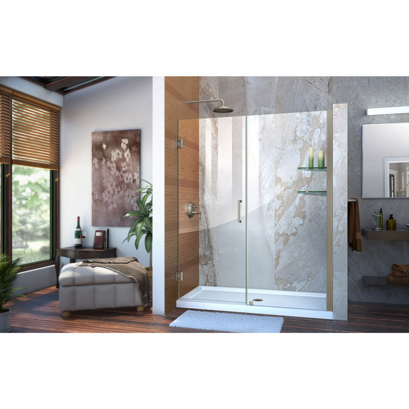 DreamLine Unidoor 58 - 59 inch W x 72 inch H Frameless Hinged Shower Door with Support Arm in Brushed Nickel, Brushed Nickel