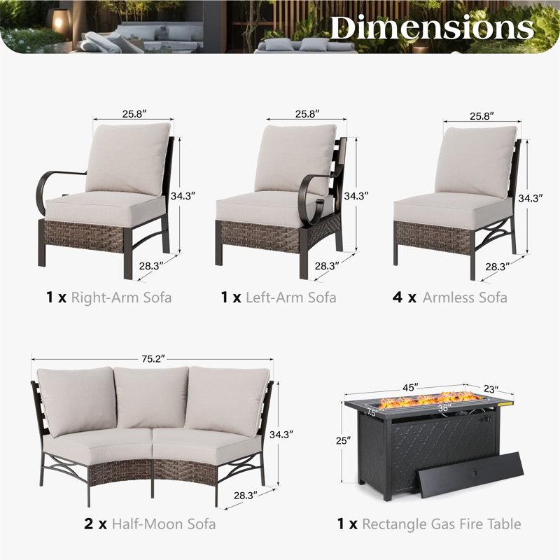Ensemble de conversation incurvé pour patio extérieur – Canapé d'angle en résine tressée marron avec table de foyer, Oui