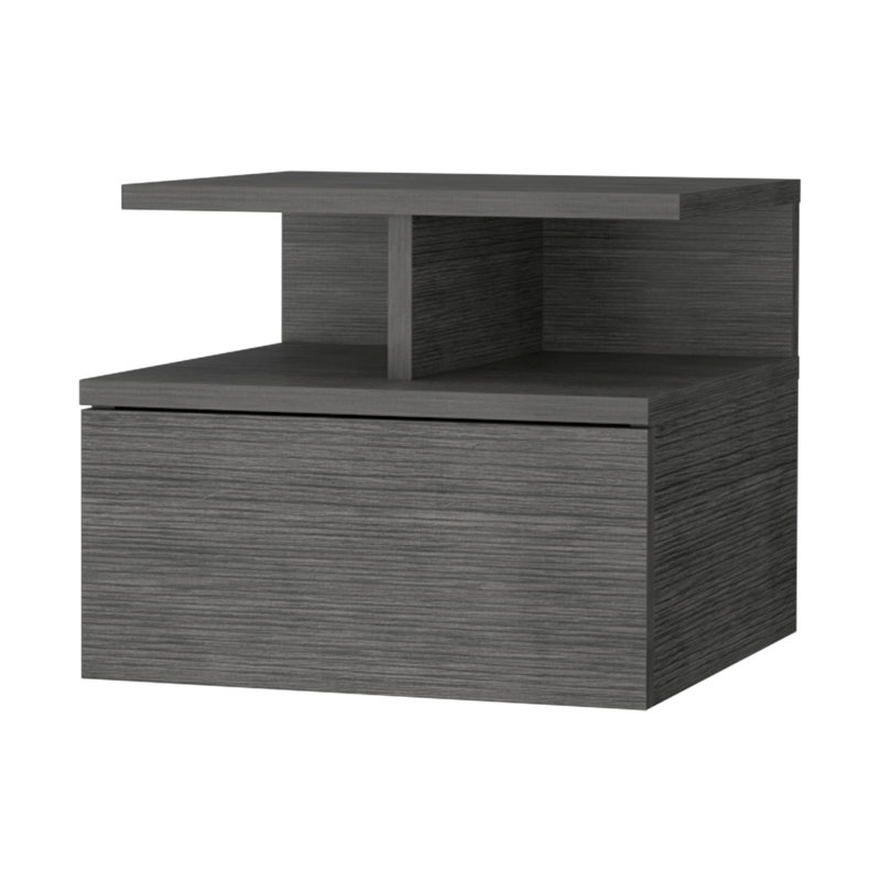 Floating Nightstand In Oak With 2 Shelf And Functional Storage For Bedroom Belongings Drawer Space Saving, Gray