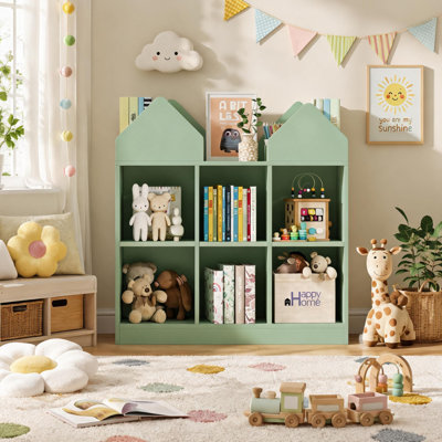 Double bibliothèque pour enfants en forme de maison double, 6 casiers de rangement et rangement ouverts pour salle de jeux et chambre de bébé, gris