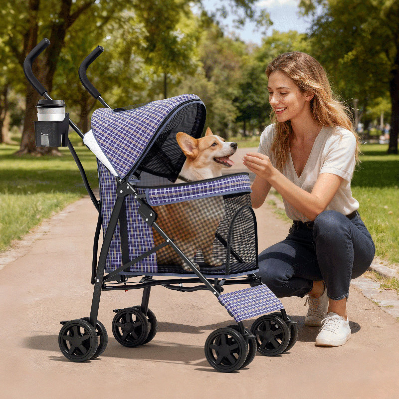 Poussette pliante à 4 roulettes pour animal de compagnie, poussette pliable pour chien et jogger, Blanc / Bleu marine