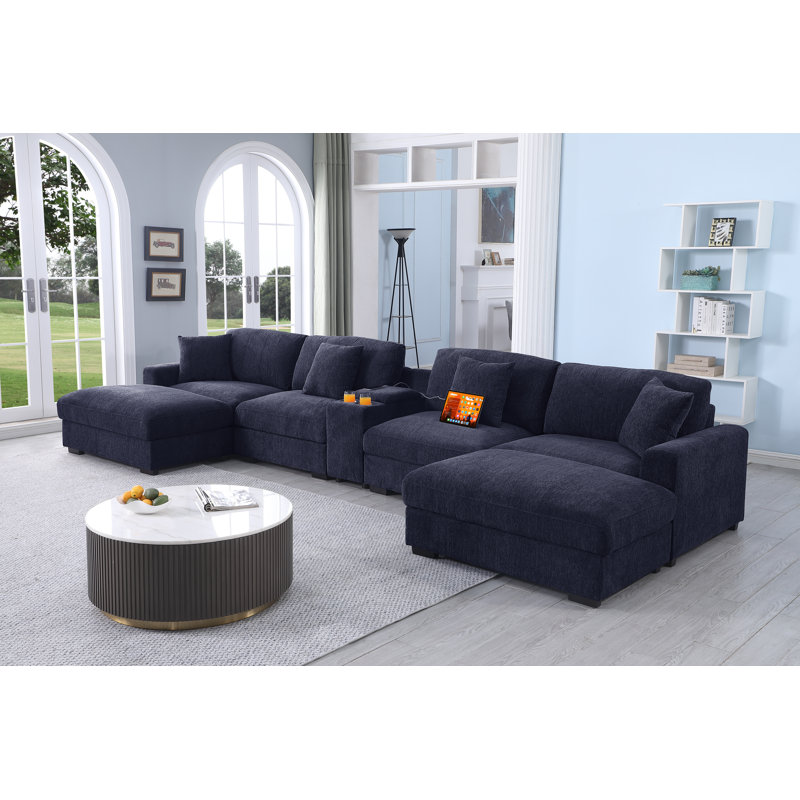 Ensemble modulaire rembourré 7 pièces avec porte-gobelets, charge et rangement 7 pièces, Polyester bleu foncé