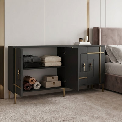 Buffet moderne 4 portes avec panneau géométrique doré / argenté